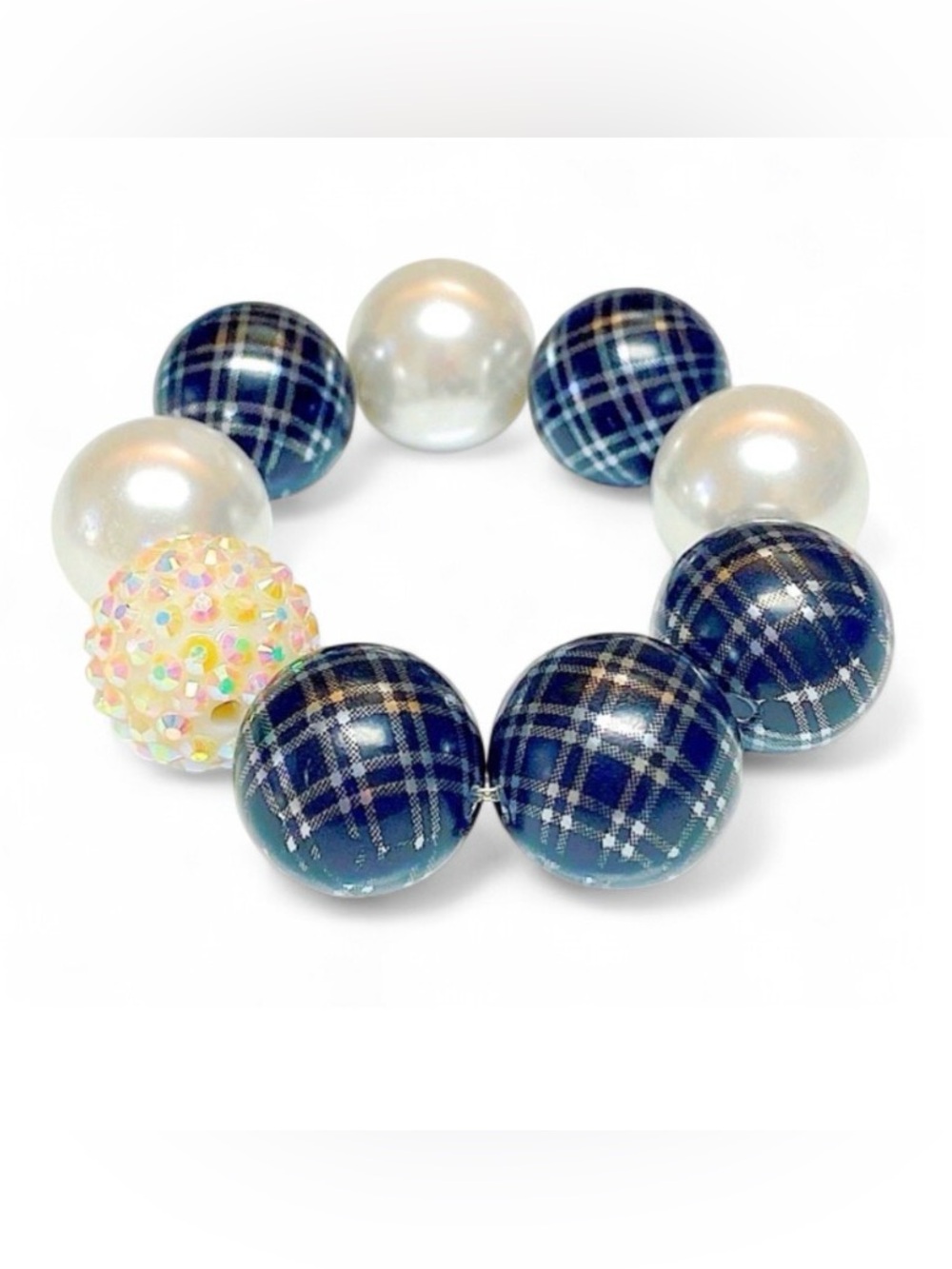 Handmade Girls Black Plaid & Pearl Bracelet Stretch Handmade Dressy Glam Jewelry